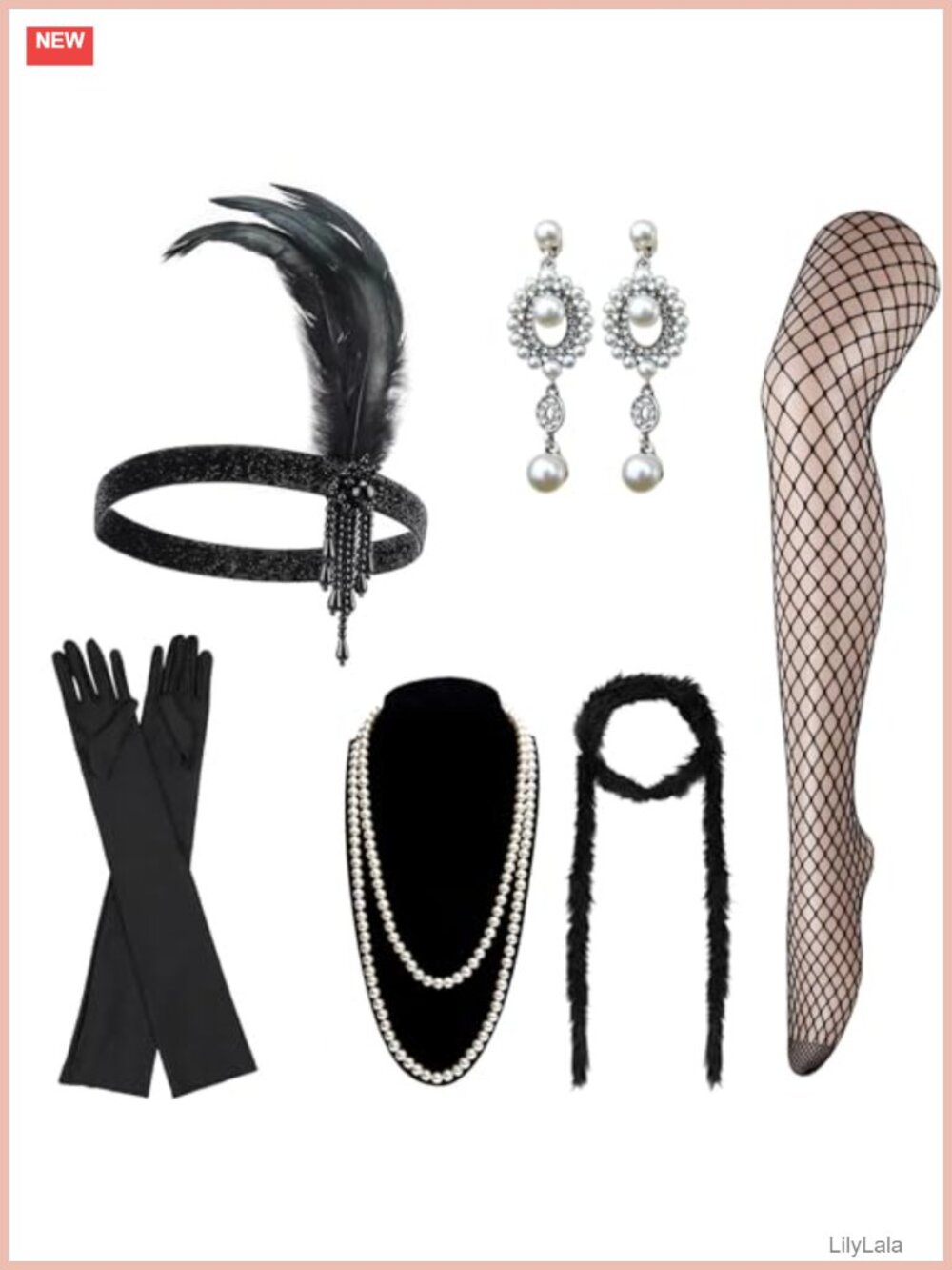 1920s Flapper Costume Accessories Set Feather Headband Gloves Pearl Necklace
